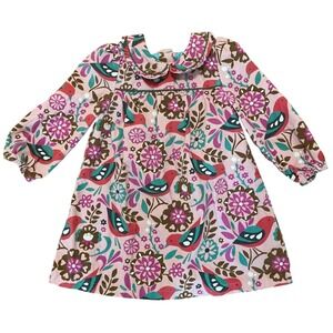 Baby Boden Pink Bird Floral Corduroy Collar Dress Long Sleeve Toddler 18-24 mo.